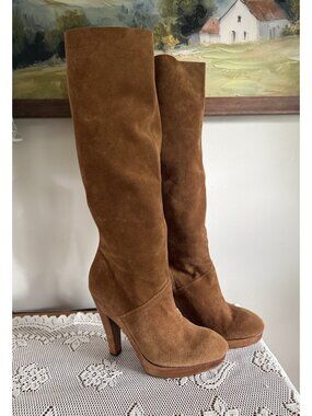 VTG Michael Kors Leather Suede Cognac Brown Knee High Wooden Heel Boot Y2k 10